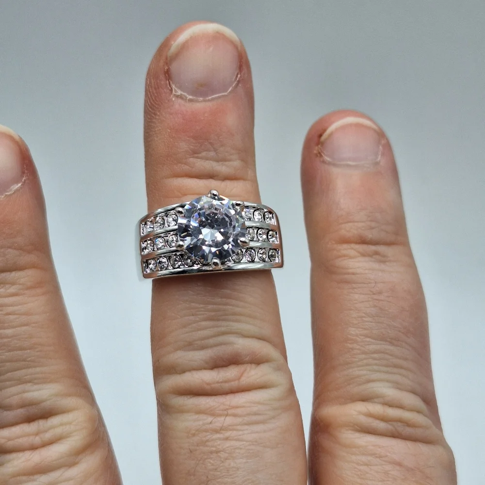 Swarovski Crystal Ring Size 7 | Round Diamond Look Statement Ring | Wide Band - Picture 7 of 16